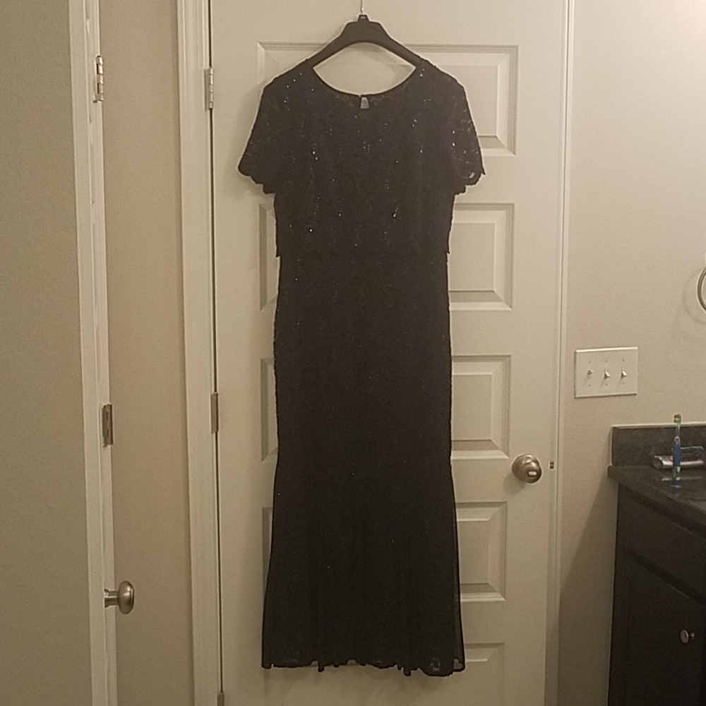 R & M Richards Navy Sequin and Lace Gown